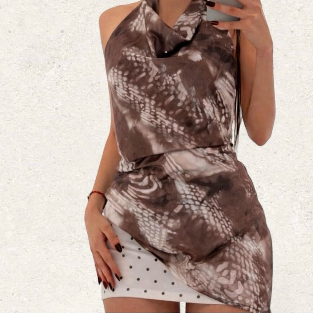 Tie-Dye Brown Halter Blouse with Draped Neckline